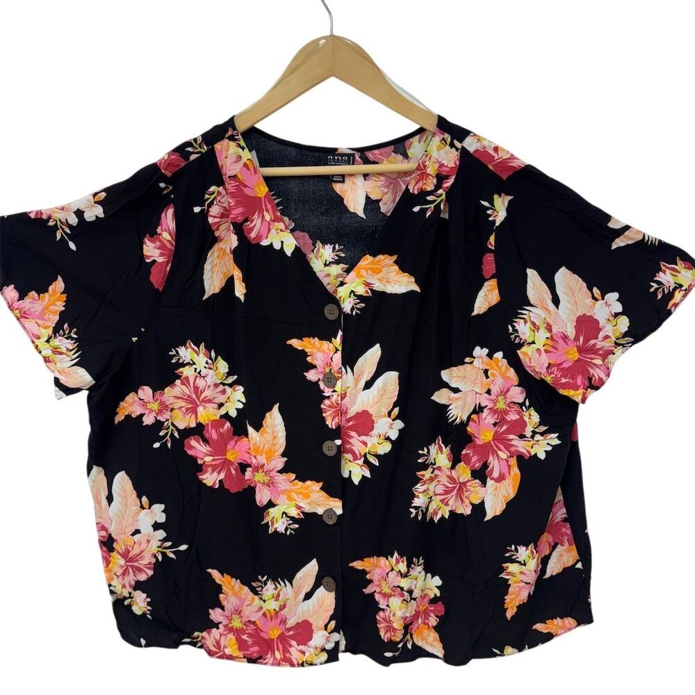 Ana Floral Button Down Shirt - Black and pink tropical print Sz 2X